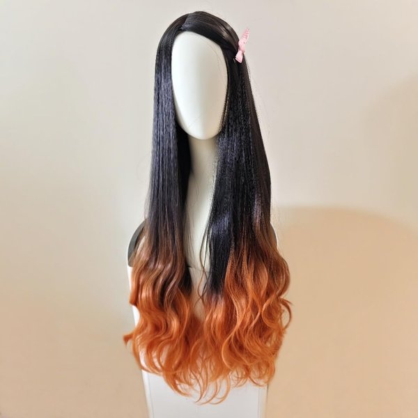 Anime Nezuko Kamado Peruka Halloweenowy Kostium Postaci Peruki Cosplay Czarno-PomarańCzowy Gradient DłUgie KręCone WłOsy Kamado Nezuko Bambusowe Rekwizyty Black-image