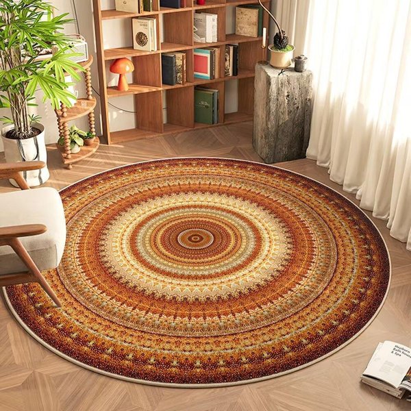 Boho Vintage OkrąGłY Dywan Geometryczny Tkany WzóR Mata PodłOgowa Codzienny WystróJ Domu AntypośLizgowy Dywanik Do Salonu Sypialni Gabinetu 120X120Cm-image