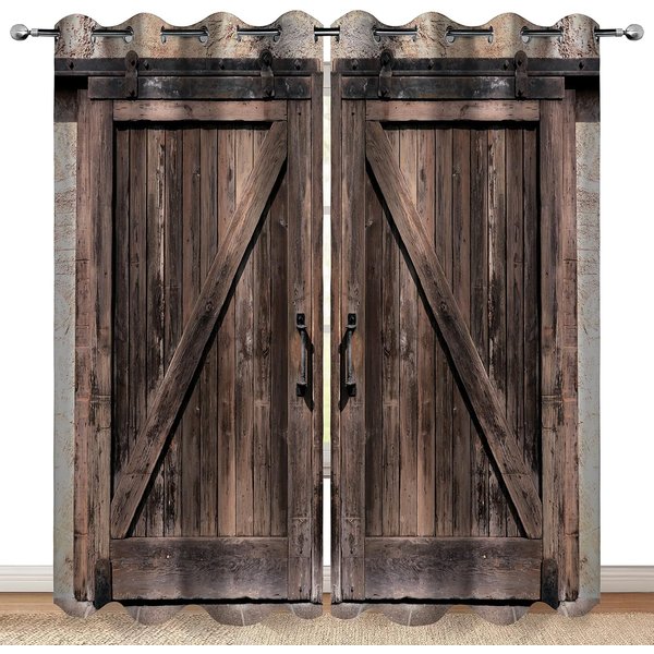 Vintage Drewniane Drzwi ZasłOny Okienne Rustykalny BrąZ Styl Retro Design Do Sypialni Salon Przelotki ZasłOny Okienne Zestaw 2 Paneli (W70H245Cm)-2Pcs&Grommet Top-image