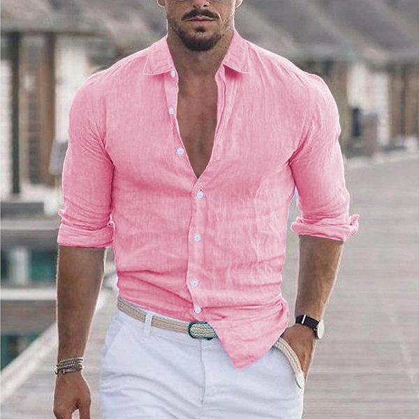 Camisas De Moda Para Hombre Verano AlgodóN Lino Solapa Camisa De Playa Manga Larga Camisas De Color SóLido Tops Casuales VersáTiles 3XL-image