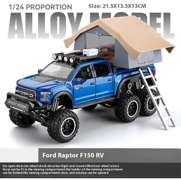 1:24 Ford Raptor F150 Kempingowy Kamper Terenowy Pickup Metalowy Odlewany Model Samochodu Seria DźWięK I ŚWiatłO Zabawki Prezenty Dla Dzieci Gray-image