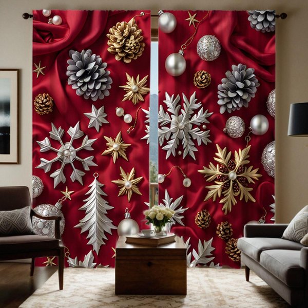 Juego De 2 Piezas HD DecoracióN NavideñA PiñA Copo De Nieve Cortina Decorativa AlzapañOs Rojo Cortina Con ImpresióN Digital Estilo DecoracióN Del Hogar Decorado W52H63Inchw132H160Cm-image