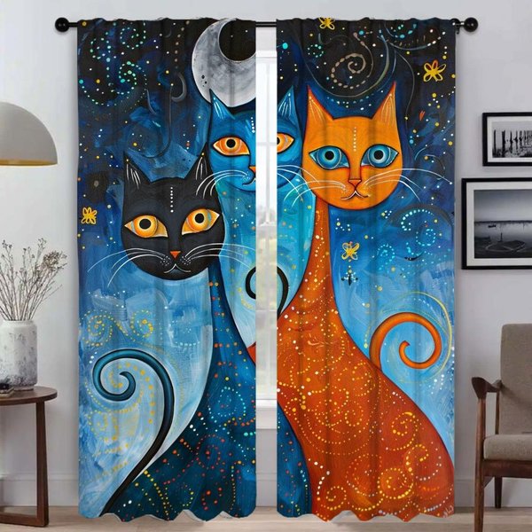 Egzotyczne Koty ZasłOny Kuchenne Do Salonu Tiul Do Sypialni ZasłOny Okienne Rolety Przegroda Dekoracja Halloween ZaciemniająCe Dom W50Xh70Cmx2Pcs-Cl Blue-image