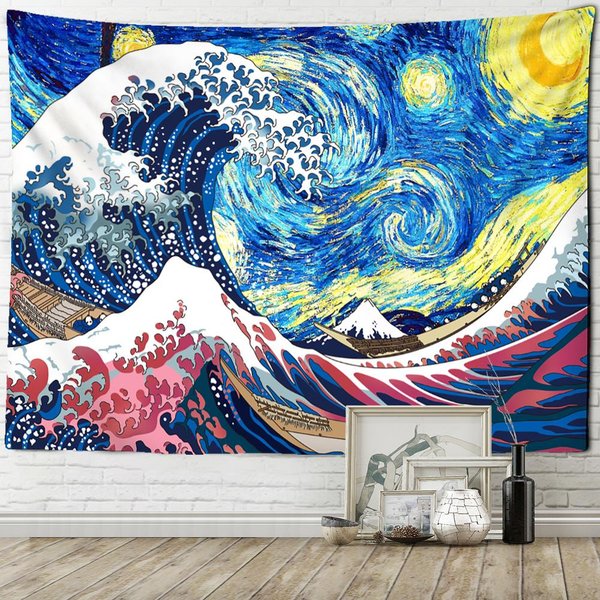 Tapiz Colgante De Pared Pintura Al ÓLeo De Ola Japonesa PsicodéLico BrujeríA Estilo Bohemio Paisaje HabitacióN DecoracióN Del Hogar 95X70Cm-image