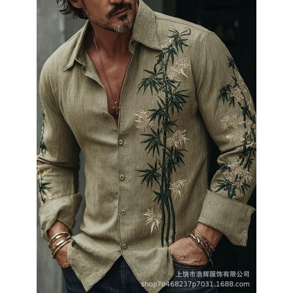 Elegante Camisa Bordada Floral De Manga Larga, VersáTil Y Elegante Top Para Hombre. S Gray-image