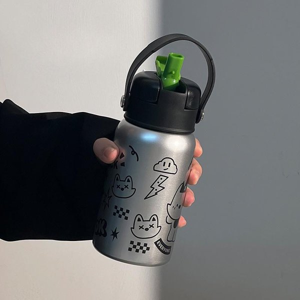 Nueva Taza Termo Para Doble Bebida Nivel De Apariencia Alto Vaso De Agua Para NiñOs Vaso De Agua De Acero Inoxidable Asa Vaso De Gran Capacidad 500Ml-image