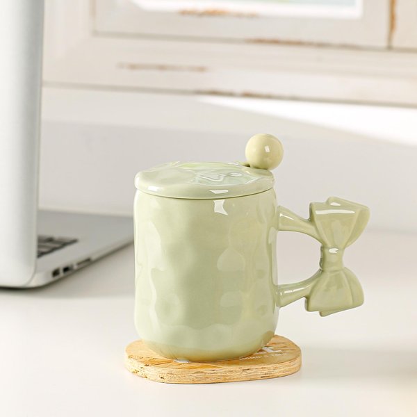 Taza De CeráMica Con Lazo Taza De Nicho Taza De Agua De Aspecto Elevado Taza De Café Taza PequeñA Fresca Para NiñAs Simple 450ML Beige-image