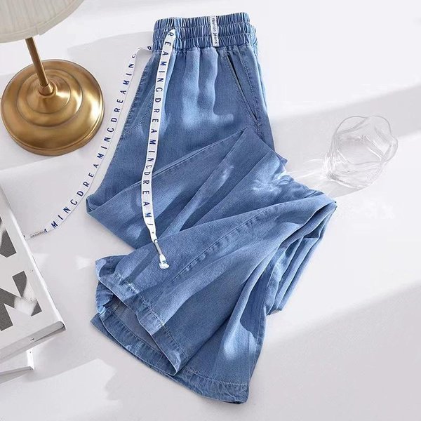 Damskie Letnie Cienkie Jeansy Z Jedwabiu Lodowego LuźNe Spodnie Damskie Z Wysokim Stanem Szerokie Nogawki 3XL Gray-image