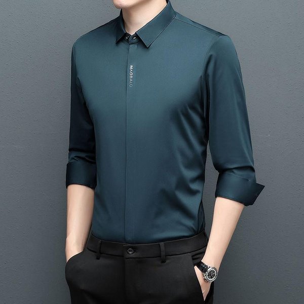 Camisa De Vestir De Manga Larga Para Hombre, Color Liso, Estilo Business Casual, Sin Arrugas 190-image