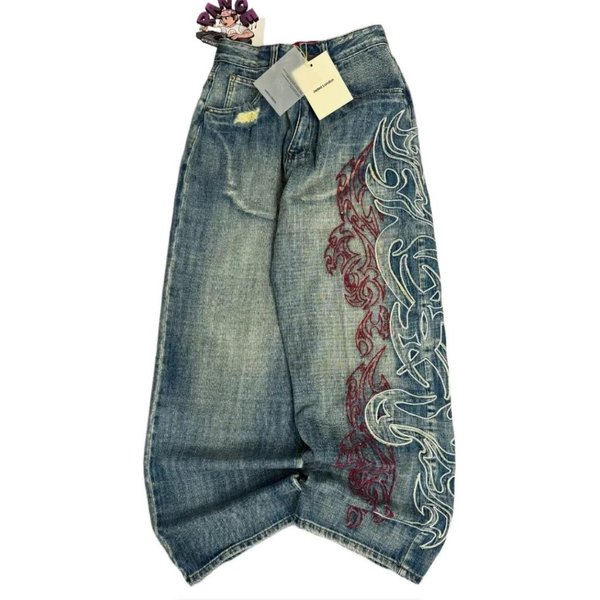 BeatStreet Y2K AmerykańSkie Nowy WzóR Haftowane LuźNe DżInsy High Street Vintage Hip Hop Moda Codzienne Joker Para Szerokie Nogawki Spodnie XL-image