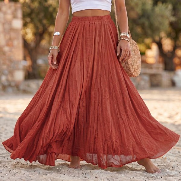 Falda Larga Suelta Plisada Para Mujer Cintura EláStica Mezcla De AlgodóN Y Lino Maxi Falda Dobladillo Acampanado Falda Casual Estilo Boho Para Uso Diario S Cinabrio-image