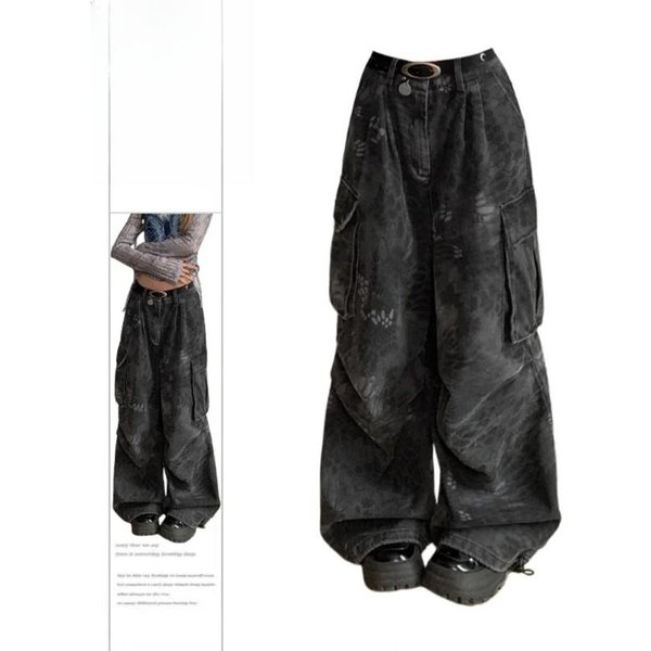 DżInsy Goth Damskie Grunge Abi Y2K Denimowe Spodnie Cargo Goblin Core Punk LuźNe Spodnie XL Czarny-image