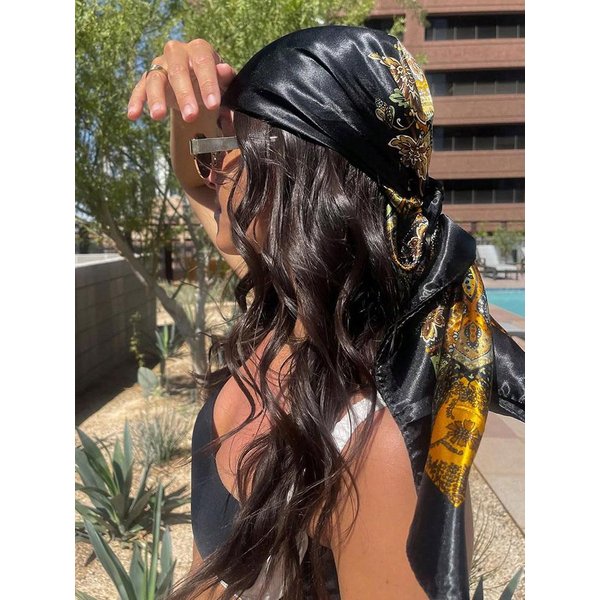 Wiosenny Jedwabny Satynowy Szalik Damski Foulard Femme Chusta Na Szyję Elegancka Kwiatowa Bandana Opaski Na GłOwę Foulard Damski Szalik 90X90CM Black-image