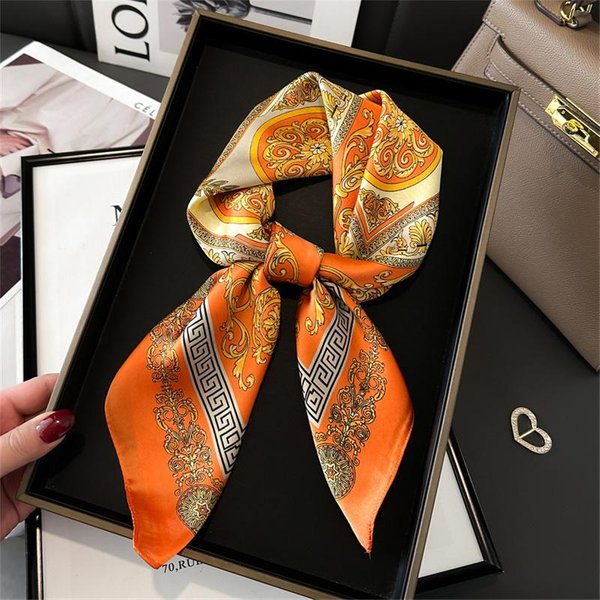 Nowa Moda 70X70Cm Drukowany Damski Szal Pashmina Szal Jedwabny Kwadratowy Szoł Ozdobna Opaska Na GłOwę Szyję Luksusowy Design Bandana 70X70Cm Orange-image