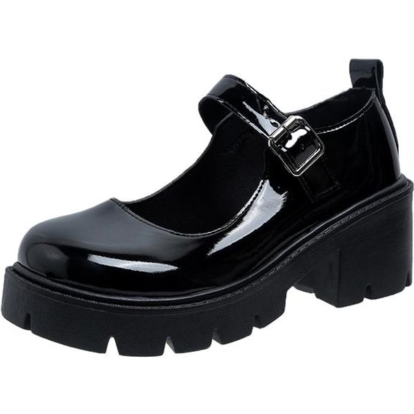 Zapatos De TacóN Alto De Charol Mary Jane Para Mujer Estilo JaponéS Hebilla Al Tobillo Plataforma Zapatos De SalóN Mujer Punk Uniforme Jk Zapatos Lolita 43 36 Black-image