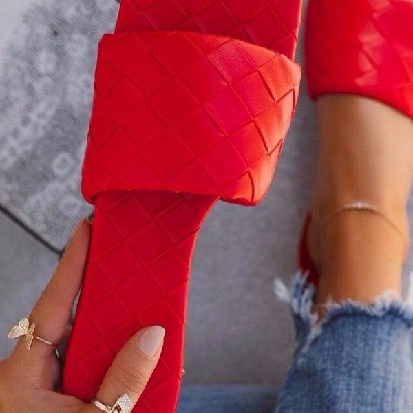 Zapatillas Planas De Punta Cuadrada De Verano Para Mujer, Sandalias Con Punta Abierta Para Exteriores, Zapatos De Playa Informales Para Mujer, Zapatillas De Mujer De Talla Grande 35 Rojo-image