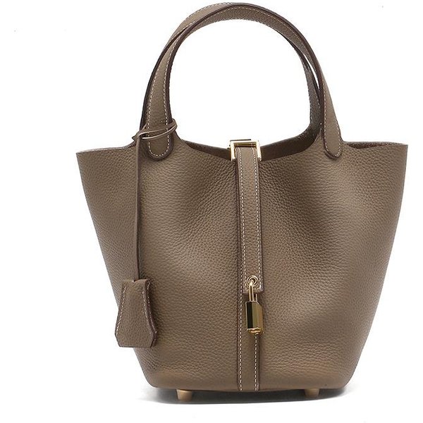 Bolso De Piel De Vaca De Primera Capa Para Mujer Nuevo Bolso Cubo Tipo Cesta De Repollo De Cuero Genuino Para Mujer Bolso De Mano De Moda VersáTil Retro Brown-image