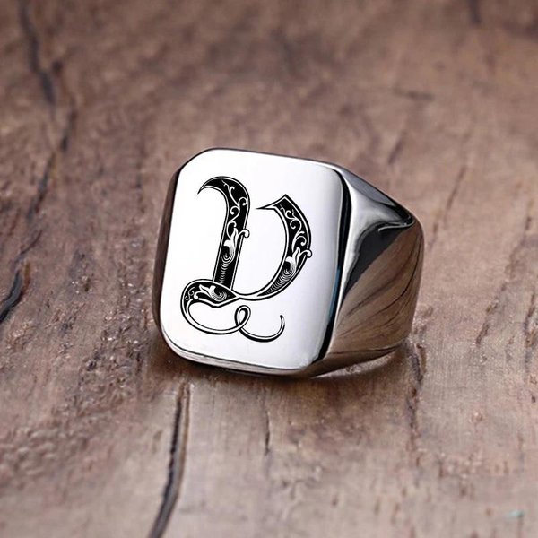 Anillo De Sello Con Iniciales Retro Para Hombre, Sello Pesado Voluminoso, Banda Masculina, JoyeríA Con Letras De Acero Inoxidable 10 White-image