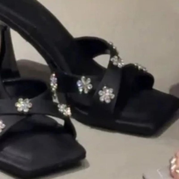 Zapatos De Mujer Nuevas Zapatillas De Punta Descubierta Para Mujer Zapatillas De Vestir De Moda Con Cristales Para Mujer Verano MáS Vendido Tacones Mujer 40 Negro-image