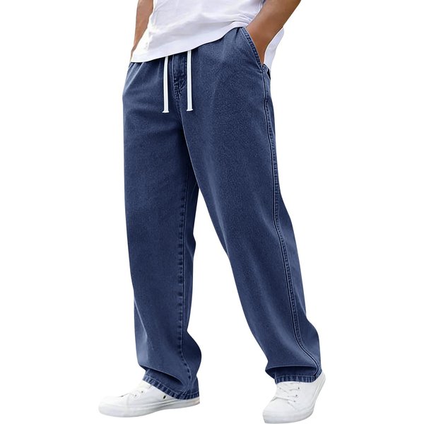 Pantalones Vaqueros Casuales Para Hombre Cintura EláStica Con CordóN Corte Relajado Pierna Recta Adecuados Para El Uso Diario Xxxl Blue-image