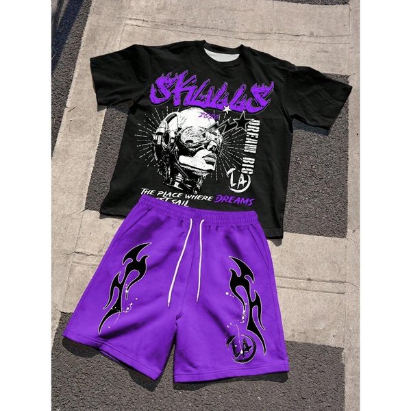 MęSki Letni Casualowy Zestaw T-Shirt Z KróTkim RęKawem I OkrąGłYm Dekoltem Z Nadrukiem ListóW Oraz Spodenki Zestaw T-ShirtóW I Spodenek MęSki I Damski 5XL-image