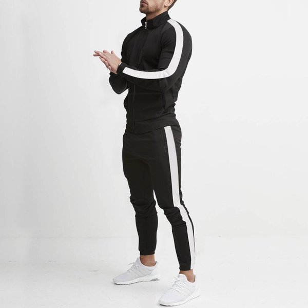 Wiosna I Jesień Nowy MęSki Zestaw Sportowy Na Czas Wolny Kolorowy MęSki Zestaw Casual Ze StóJką Modny Zestaw Sportowy 2-CzęśCiowy XXL Czarny-image