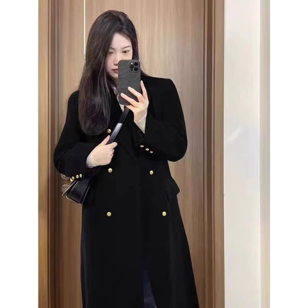 Abrigo De Lana Negro De Longitud Media Para Mujer En OtoñO E Invierno Nuevo Estilo Estilo Hepburn Metal Doble Botonadura Abrigo De Lana Para Mujer XL Black-image