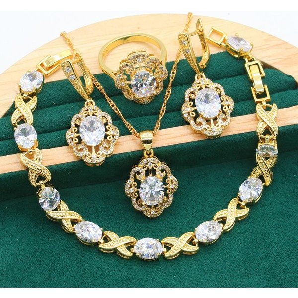 Europa Y Estados Unidos Caliente Anti Alergia AAA Circonita Pulsera Collar Pendientes Anillo Juego De Joyas 10 Yards Beige-image