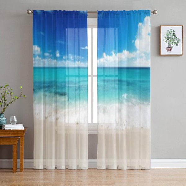 Mar Caribe Y DíA Soleado Cortinas TraslúCidas De Tul Para Sala De Estar La HabitacióN Dormitorio DecoracióN De Cocina Cortinas Voile Organza 135W X 160H(Cm)-image