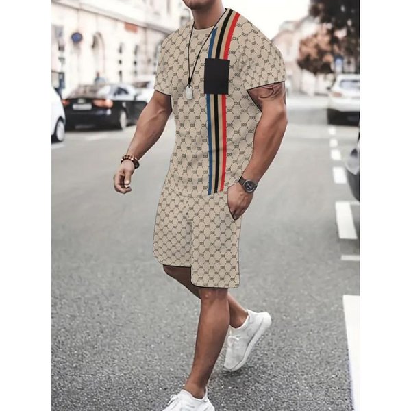 MęSki Letni Modny Zestaw Koszulka Z KróTkim RęKawem Z Nadrukiem I Spodenki, Sportowy Casual LuźNy DwuczęśCiowy Zestaw 6XL-image