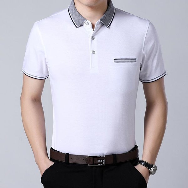 Verano Nueva Camiseta De Manga Corta Para Hombre De Mediana Edad Solapa AlgodóN Suelta Bolsillo Real Estilo Delgado Para Mediana Edad Y Ancianos Xxxxl White-image