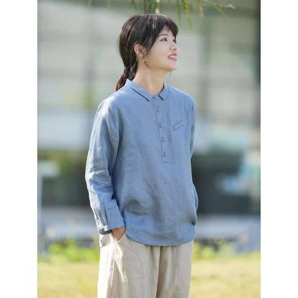 Camisa De Manga Larga Con DiseñO Sensorial AlgodóN Lino Natural Color SóLido Simple Holgada Literaria Primavera Y OtoñO Nuevo Estilo Camisa Parte Inferior Conjunto Para Mujer 2XL Gray-image