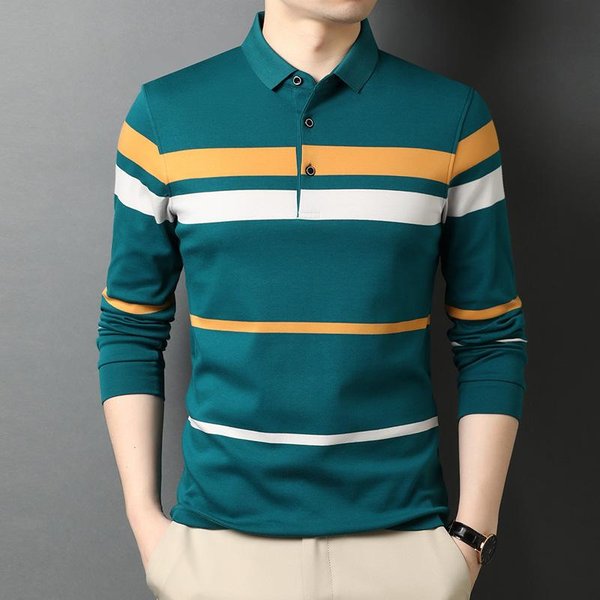 Nueva Camiseta De Manga Larga Para Hombre De Primavera Cuello Polo Rayas Camisa BáSica Ropa Para Hombres JóVenes Y De Mediana Edad Holgada Xxxl Blue-image