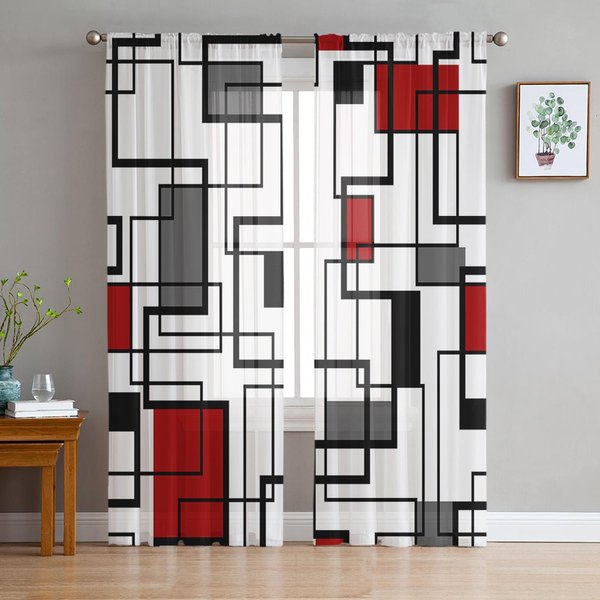 GeometríA Abstracta Cuadrados Arte Moderno Negro Rojo Cortinas TraslúCidas Para DecoracióN De SalóN Cortinas De Ventana Cocina Tul Cortinas Voile W135 X H115Cm X1-image