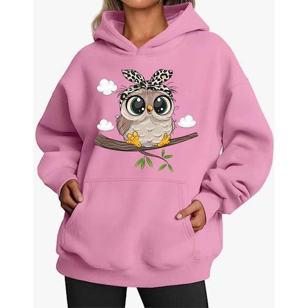 Urocza Sowa Damskie Bluzy Z Kapturem Styl AmerykańSki Codzienna Bluza Z Kapturem Jesień Hip Hop Damska Bluza Z Kapturem Codzienna Odzież Polarowa Damska Bluza L Pink-image