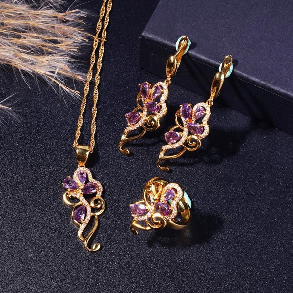 Set De JoyeríA De Circonita CúBica Morada De 5 Piezas, Set De JoyeríA Chapado En Oro Pendientes Pulsera Anillo Y Collar, Elegante Regalo De Fiesta Resizable Brown-image