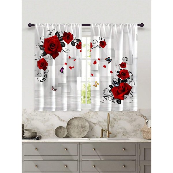 Modne ZasłOny Kuchenne Z Cyfrowym Nadrukiem W Nowym Stylu TłO Z RóżAną Farmą Panelowe ZasłOny Do ŁAzienki Salonu WnęTrza Domu Dekoracja W60H60(Cm)X2Pcs&Grommet Top White-image