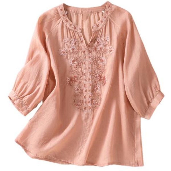 Letnia Koszula Damska V Neck Haft W Kwiaty RęKawy Trzy Czwarte LuźNa Jednokolorowa Retro Matka W śRednim Wieku Kobieca Codzienna Codzienna Bluzka XL-image