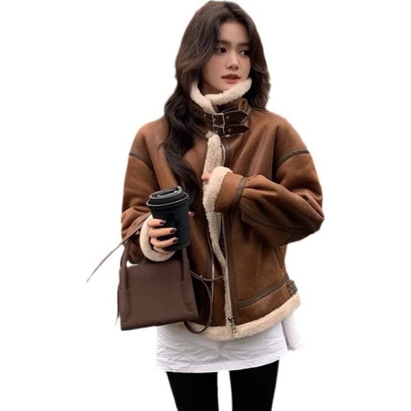 Abrigo De Lana De Cordero De Una Pieza De Piel Para Mujer Chaqueta De Motociclista Vintage De Ante Abrigo De Piel M Black-image
