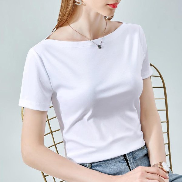 Camiseta De AlgodóN Mercerizado Con SensacióN De Hielo De Manga Corta Para Verano Nuevo Para Mujer Camiseta De AlgodóN Puro De Un Hombro Top Cintura 3XL White-image
