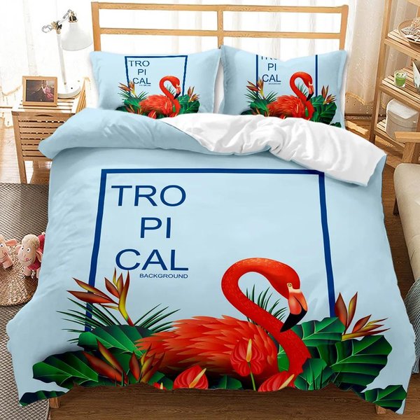 Poszwa Na KołDrę Flamingo Para Flamingo Liść Palmy Zestaw PośCieli Twin Tropikalne Botaniczne LiśCie Lato King Size Poliestrowa Poszwa Na KołDrę EU Single(135X200Cm) White-image