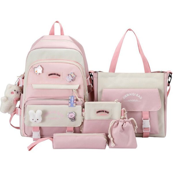 5 Szt./Zestaw Plecak Studencki Uniwersytecki Dla Nastolatek Kawaii Styl Ins Zestaw Szkolny RóżOwy-image