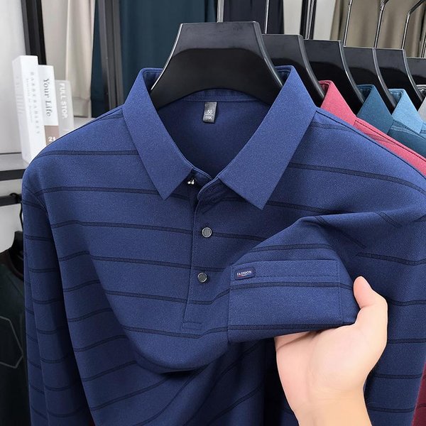 2025 Camiseta Polo De Manga Larga Para Hombre Primavera Y OtoñO Con Cuello Rayado Y Bolsillos Sueltos 2XL Black-image