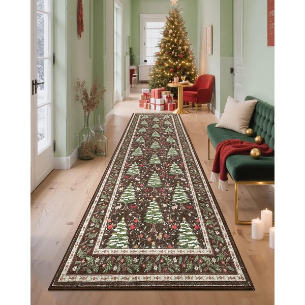 Czerwony ŚWiąTeczny Dywanik Korytarzowy AntypośLizgowy Zmywalny Odporny Na Plamy Druk Choinki ZwierząT ŚWiąTeczna Dekoracja Domu 60X180CM(2X5.9FT-image