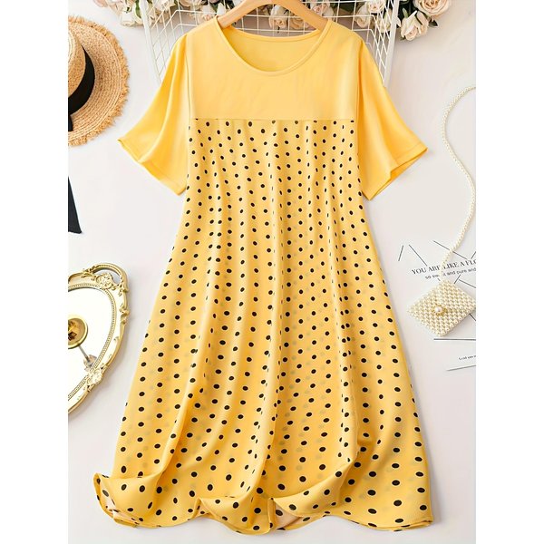 Vestido Estampado De Lunares De Talla Grande, Vestido Casual De Manga Corta Con Cuello Redondo, Ropa De Talla Grande Para Mujer Xxxxl Amarillo LimóN-image