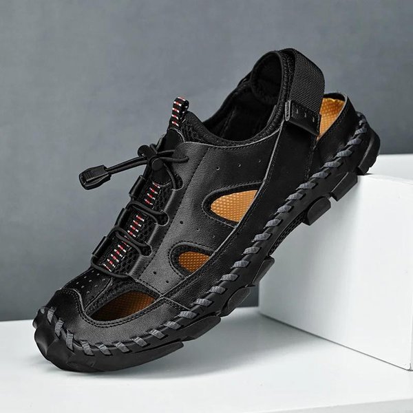 Sandalias De Verano Para Hombre 2024, Nuevas Sandalias Casuales De Playa De Cuero, Zapatos Para Hombre De Malla, Transpirables, CóModas Y Suaves, Sandalias Romanas Para Hombre. 46 Negro-image