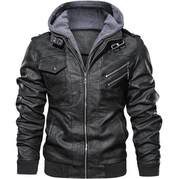 Chaqueta De Cuero Con Capucha Para Hombre Chaqueta De Motocicleta Casual Europea Y Americana De Moda Capucha Desmontable Chaqueta De Cuero Para Hombre Punk 4XL Gris-image