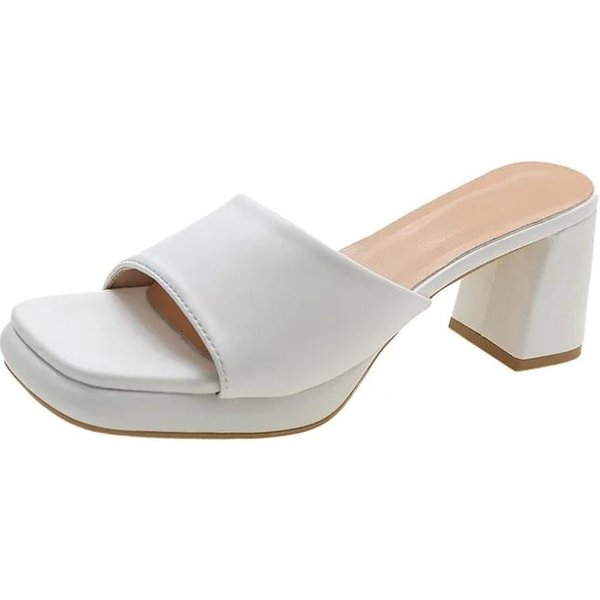 Zapatos De Mujer De Talla Grande, Zapatillas Modernas Para Mujer, Zapatillas De Vestir Concisas, Sandalias De Mujer Con Punta Cuadrada Y Tacones Altos Y Gruesos. 36 White-image