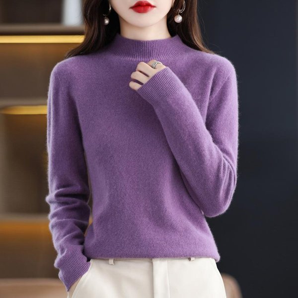 OtoñO Invierno Mujer Tejido Cuello Alto SuéTer Casual Parte Baja Holgada SuéTer De Punto S PúRpura-image