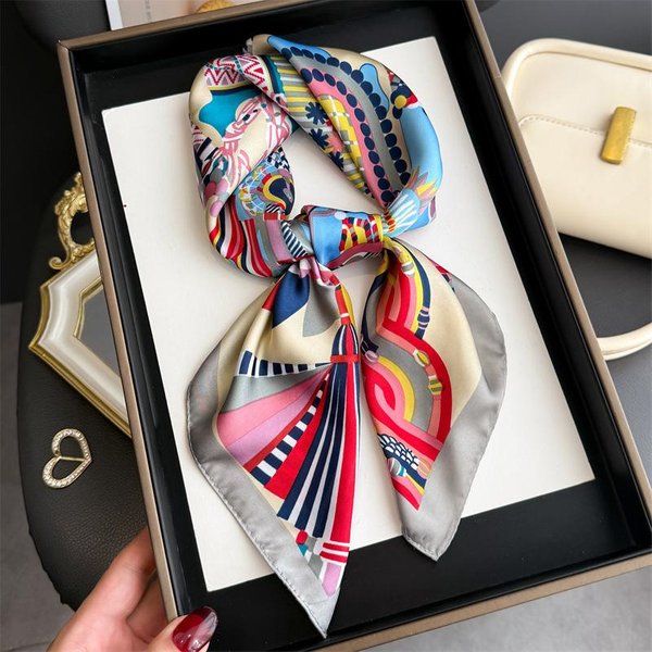 Druk 70 Cm Jedwabny Satynowy Chustka Na GłOwę Kobiety Luksusowy WzóR Krawatka Szalik Damskie WłOsy RęKa Nadgarstek Foulard Szal HidżAb Bandana 70X70Cm Gray-image